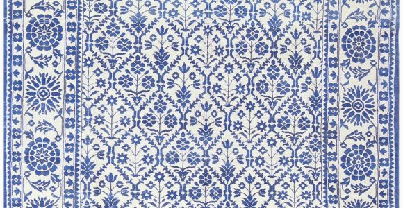 White Rug with Blue Pattern Vintage Blue and White Indian Agra Cotton Rug 48300